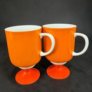 Vintage 1970 Holt Howard Orange and White Pedestal Mugs Footed Coffee Cups Set